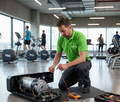 Tecnico durante la diagnosi e la riparazione di un’attrezzatura fitness