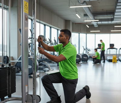 Tecnico durante la manutenzione preventiva di una macchina da palestra